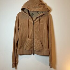 Guess‎ Velour Hoodie Jacket – Taupe Brown Quilted Pocket Zip-Up Size Large Y2K